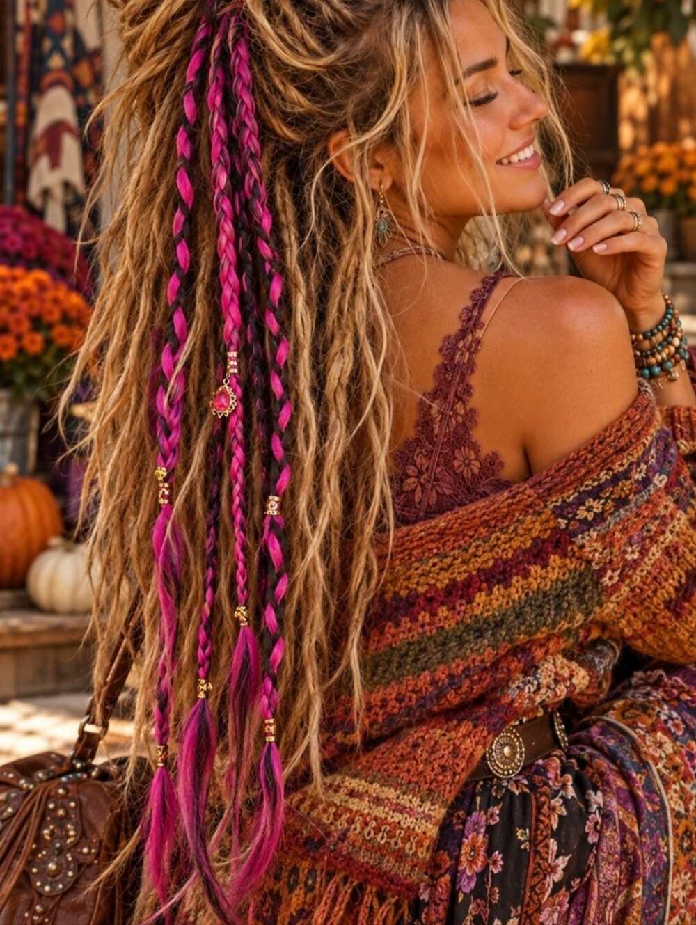 4/$15 Hot Pink Black Braided Hair Extensions with Charms Boho Festival Fairycore